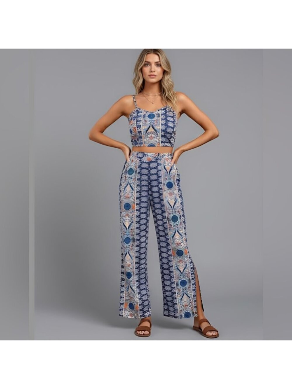 Boho Floral Printed Cami Tank Top And Side Split Pant